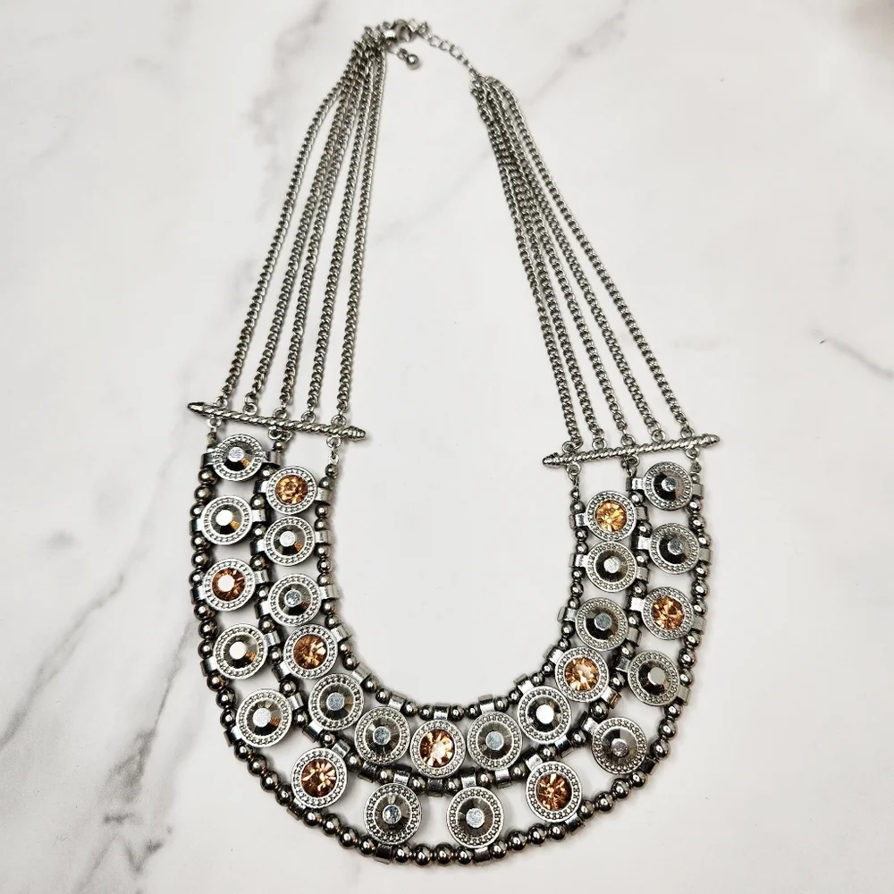 Silver Tone Metal Multi Chain Glass Gem Adjustable Collar Necklace Brutalist
